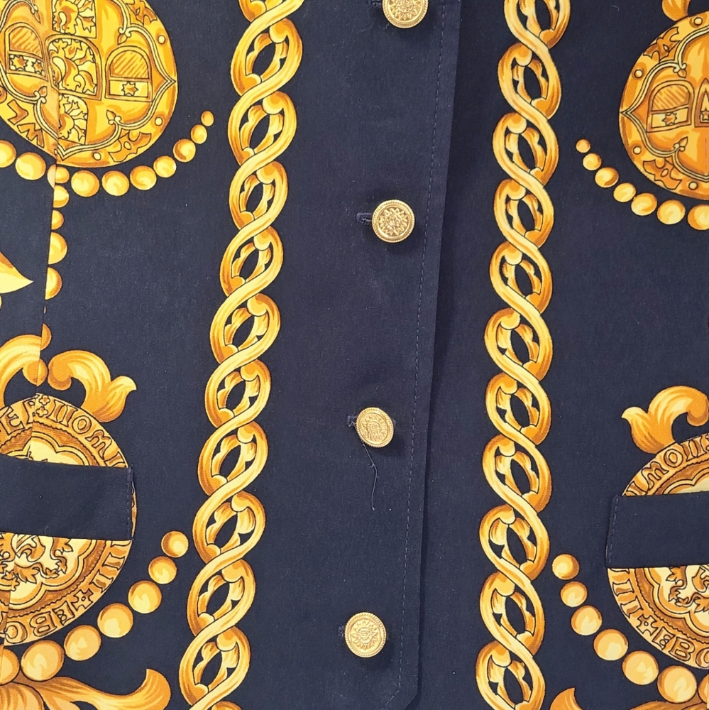 River thai yellow and black baroque print 100% silk vest size small S unisex - Picture 4 of 10